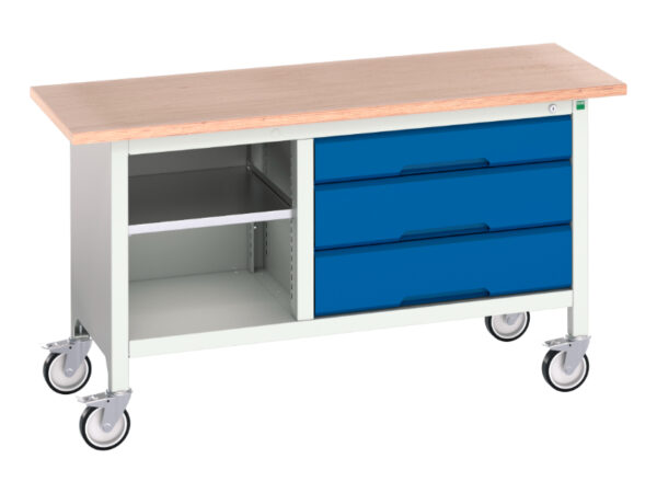 Work Table with Shelves On Wheels - Verso Mobile Storage Bench (Mpx) with Mid Shelf / 3 Drawer Cab. WxDxH: 1500X600X830mm Ral 7035/5010 _SKU-16923213.11