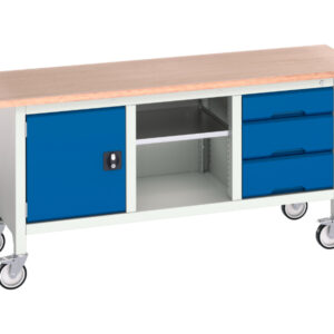 Mobile Work Table with Cupboard - Verso Mobile Storage Bench (Mpx) with Cupboard / Mid Shelf / 3 Drawer Cab. WxDxH: 1750X600X830mm Ral 7035/5010 _SKU-16923220.11