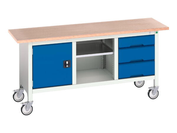 Mobile Work Table with Cupboard - Verso Mobile Storage Bench (Mpx) with Cupboard / Mid Shelf / 3 Drawer Cab. WxDxH: 1750X600X830mm Ral 7035/5010 _SKU-16923220.11