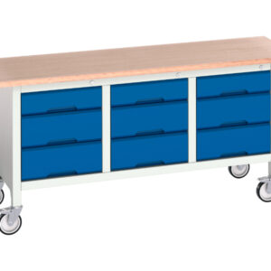 3 Drawer Work Table On Castors - Verso Mobile Storage Bench (Mpx) with 3 Drw Cab / 3 Drw Cab / 3 Drw Cab. WxDxH: 1750X600X830mm Ral 7035/5010 _SKU-16923223.11