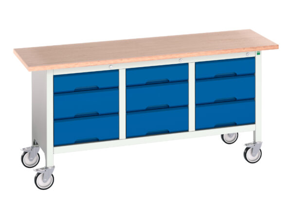 3 Drawer Work Table On Castors - Verso Mobile Storage Bench (Mpx) with 3 Drw Cab / 3 Drw Cab / 3 Drw Cab. WxDxH: 1750X600X830mm Ral 7035/5010 _SKU-16923223.11