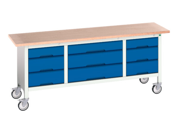 3 Drawer Work Table On Wheels - Verso Mobile Storage Bench (Mpx) with 3 Drw Cab / 3 Drw Cab / 3 Drw Cab. WxDxH: 2000X600X830mm Ral 7035/5010 _SKU-16923233.11