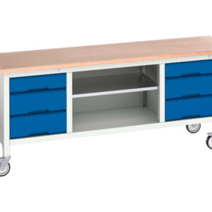 Rolling Workshop Work Table - Verso Mobile Storage Bench (Mpx) with 3 Drw Cab / Mid Shlf / 3 Drw Cab. WxDxH: 2000X600X830mm Ral 7035/5010 _SKU-16923234.11
