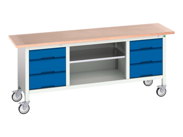 Rolling Workshop Work Table - Verso Mobile Storage Bench (Mpx) with 3 Drw Cab / Mid Shlf / 3 Drw Cab. WxDxH: 2000X600X830mm Ral 7035/5010 _SKU-16923234.11