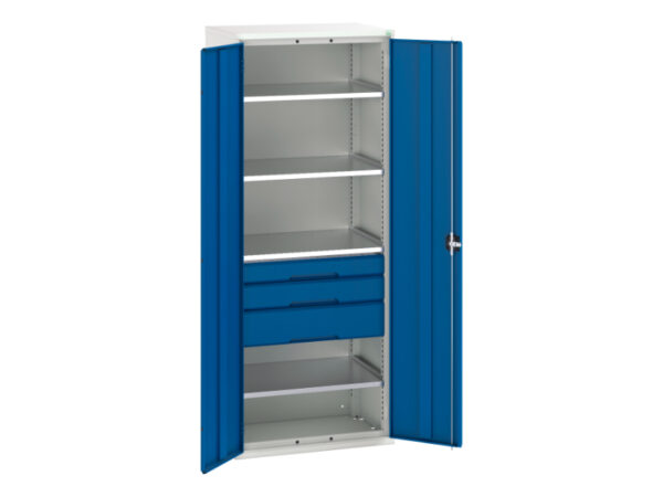 Tall Metal Cupboard with Drawers - Verso Kitted Cupboard with 4 Shelves, 3 Drawers. WxDxH: 800X550X2000mm Ral 7035/5010 _SKU-16926456.11