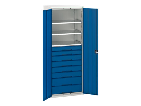 8 Drawer Metal Cupboard - Verso Kitted Cupboard with 3 Shelves, 8 Drawers. WxDxH: 800X550X2000mm Ral 7035/5010 _SKU-16926458.11