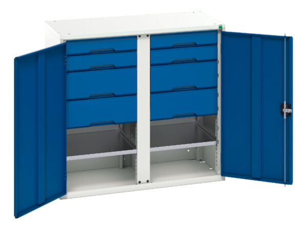 Metal Cupboard with Storage Shelves - Verso Kitted Cupboard with 2 Shelves, 8 Drawers. WxDxH: 1050X550X1000mm Ral 7035/5010 _SKU-16926557.11