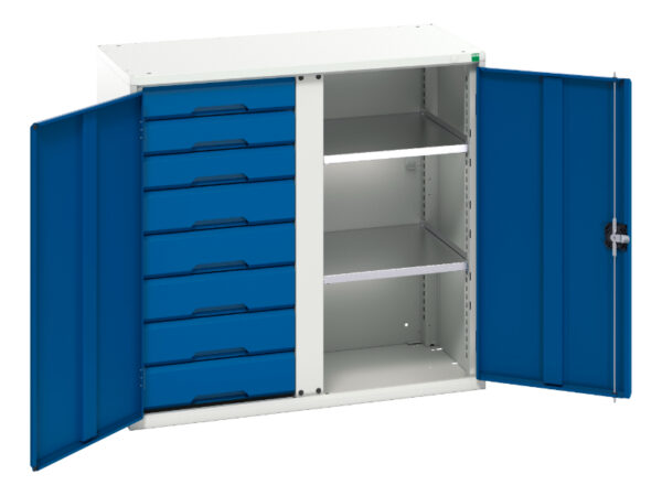 Verso Kitted Cupboard - with 2 Shelves, 8 Drawers. WxDxH: 1050X550X1000mm Ral 7035/5010 _SKU-16926558.11