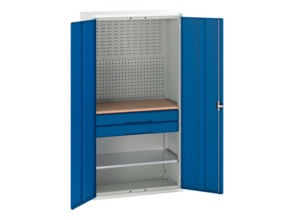 Tall Storage Cupboard with Doors - Verso Kitted Cupboard with 1 Shelf, 2 Drw, Backpnls, Worktop. WxDxH: 1050X550X2000mm Ral 7035/5010 _SKU-16926571.11