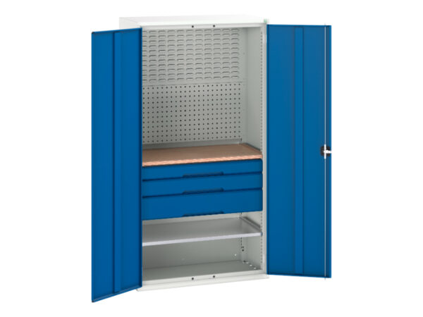 Tall Storage - Verso Kitted Cupboard with 1 Shelf, 3 Drw, Backpnls, Worktop. WxDxH: 1050X550X2000mm Ral 7035/5010 _SKU-16926572.11