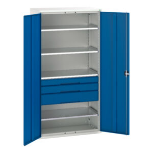Storage Cupboard with Shelves And Doors - Verso Kitted Cupboard with 4 Shelves, 3 Drawers. WxDxH: 1050X550X2000mm Ral 7035/5010 _SKU-16926575.11