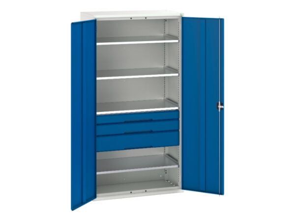 Storage Cupboard with Shelves And Doors - Verso Kitted Cupboard with 4 Shelves, 3 Drawers. WxDxH: 1050X550X2000mm Ral 7035/5010 _SKU-16926575.11