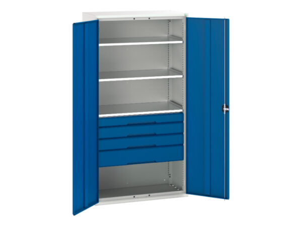 Tall Workshop Metal Cupboard with Shelves - Verso Kitted Cupboard with 3 Shelves, 4 Drawers. WxDxH: 1050X550X2000mm Ral 7035/5010 _SKU-16926576.11