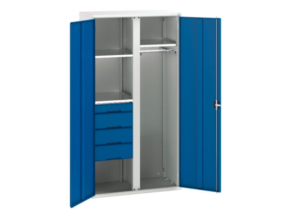 Workshop Cupboard with 3 Shelves - Verso Kitted Cupboard with 3 Shelves, 4 Drawers, 1 Rail. WxDxH: 1050X550X2000mm Ral 7035/5010 _SKU-16926581.11