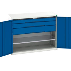 Metal Drawer Cabinet Storage with Doors - Verso Kitted Cupboard with 1 Shelf, 3 Drawers. WxDxH: 1300X550X1000mm Ral 7035/5010 _SKU-16926607.11