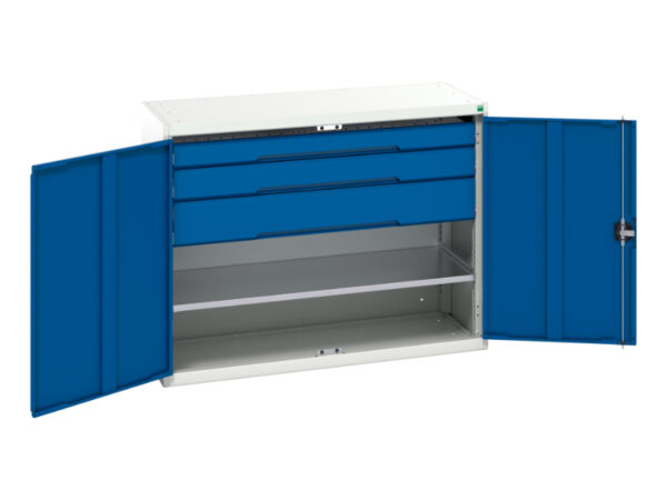 Metal Drawer Cabinet Storage with Doors - Verso Kitted Cupboard with 1 Shelf, 3 Drawers. WxDxH: 1300X550X1000mm Ral 7035/5010 _SKU-16926607.11