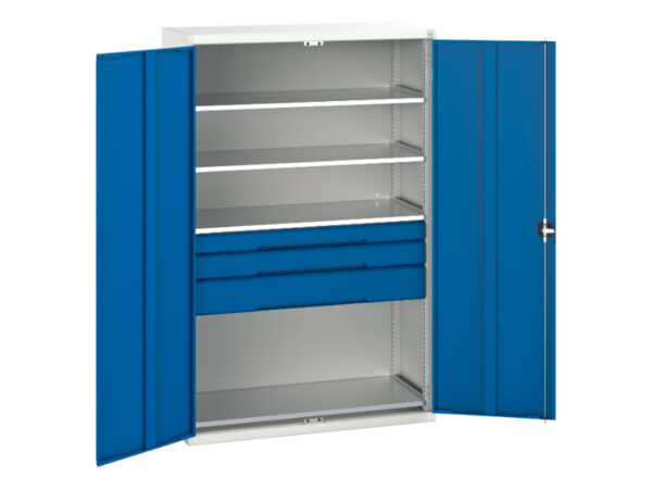 Verso Kitted Cupboard with 4 Shelves, 3 Drawers. WxDxH: 1300X550X2000mm Ral 7035/5010 _SKU-16926655.11