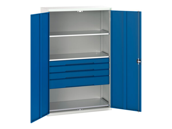 4 Drawer Metal Cupboard - Verso Kitted Cupboard with 3 Shelves, 4 Drawers. WxDxH: 1300X550X2000mm Ral 7035/5010 _SKU-16926656.11