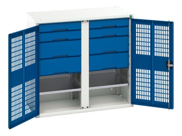 8 Drawer Metal Mesh Storage Cupboard - Verso Ventilated Door Kitted Cupboard with 2 Shelves, 8 Drawers And Partition. WxDxH: 1050X550X1000mm Ral 7035/5010 _SKU-16926765.11