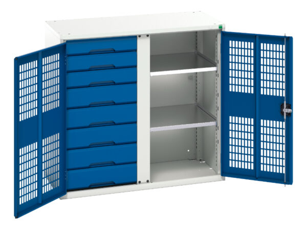 Mesh Door Cupboard with Drawers - Verso Ventilated Door Kitted Cupboard with 2 Shelves, 8 Drawers And Partition. WxDxH: 1050X550X1000mm Ral 7035/5010 _SKU-16926766.11