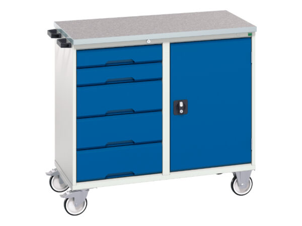 Mobile Tool Cabinet - Verso Maintenance Trolley with 5 Drawers, Door And Lino Top. WxDxH: 1050X600X980mm Ral 7035/5010 _SKU-16927120.11