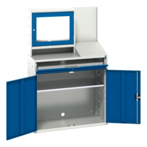 Computer Cabinet with Doors - Verso Computer Cupboard with Screen Cbd, 1 Shelf, 1 Sliding Tray. WxDxH: 1050X550X1650mm Ral 7035/5010 _SKU-16928022.11