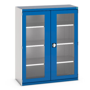 Commercial Storage Cupboard with Windows - Cubio Cupboard with Window Doors And 3 Shelves. WxDxH: 1300X525X1600mm Ral 7035/5010 _SKU-40014057.11V