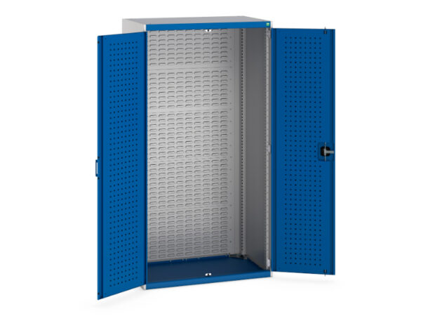 Cupboards for Workshop - Cubio Cupboard with Perfo Doors, Full Louvre Backpanel. WxDxH: 1050X650X2000mm Ral 7035/5010 _SKU-40021103.11V