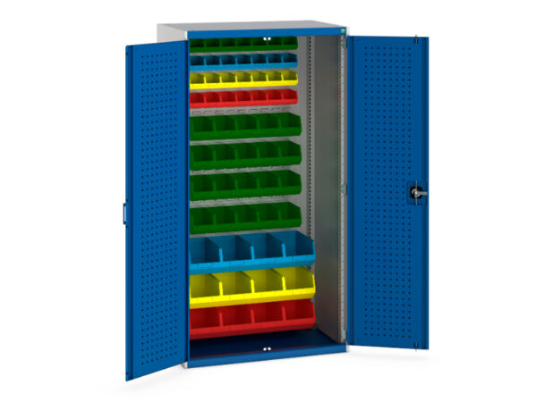 Industrial Metal Cabinets - Cubio Cupboard with Perfo Doors, Louvre Back, 60 Bins. WxDxH: 1050X650X2000mm Ral 7035/5010 _SKU-40021117.11V