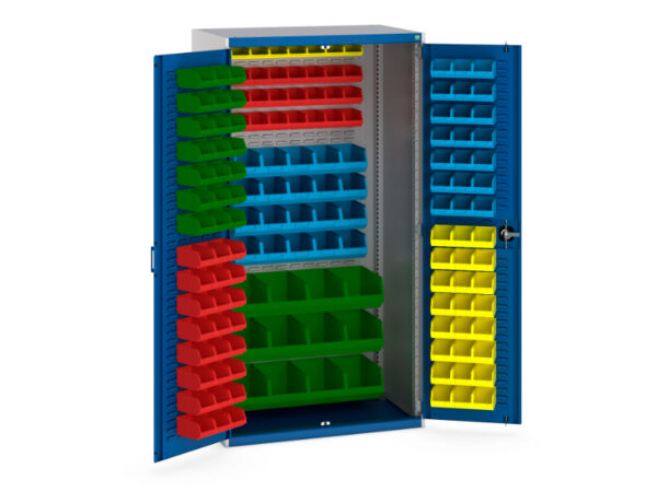 Metal Cabinets with Part Storage Bins - Cubio Cupboard Louvre Doors Louvre Backpanel And 150 Bins. WxDxH: 1050X650X2000mm Ral 7035/5010 _SKU-40021129.11V