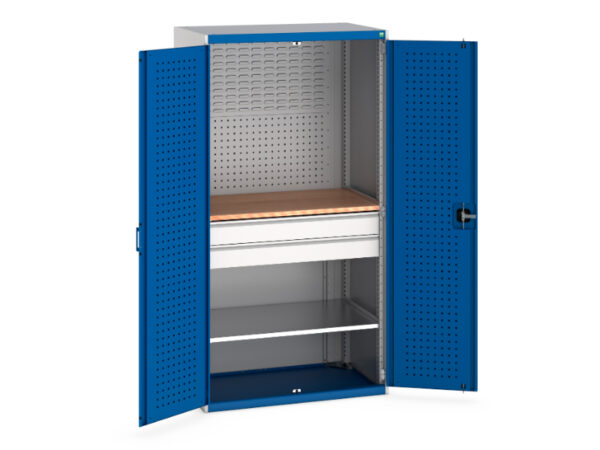 Mini Workshop Tool Cupboard - Cubio Cupboard Perfo Doors Mini Workshop 1 Shelf 2 Drws. WxDxH: 1050X650X2000mm Ral 7035/5010 _SKU-40021162.11V