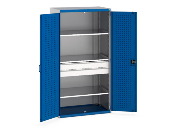 Metal Workshop Cupboards - Cubio Cupboard with Perfo Doors, 3 Shelves, 2 Drawers. WxDxH: 1050X650X2000mm Ral 7035/5010 _SKU-40021169.11V