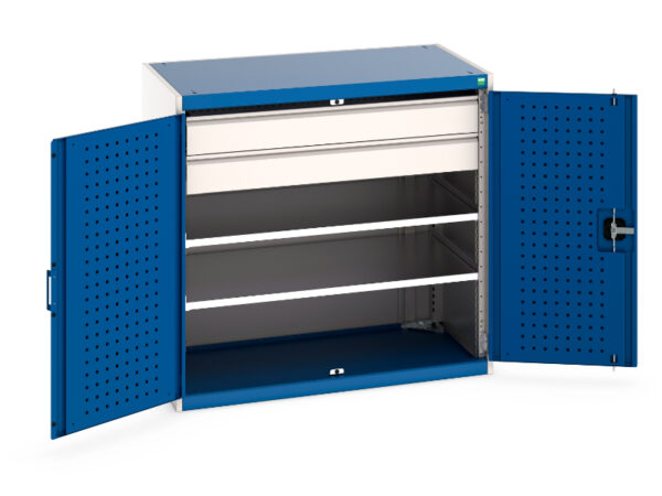 Workshop Metal Storage Cupboards - with Perfo Doors, 2 Shelves, 2 Drawers. WxDxH: 1050X650X1000mm Ral 7035/5010 _SKU-40021202.11V