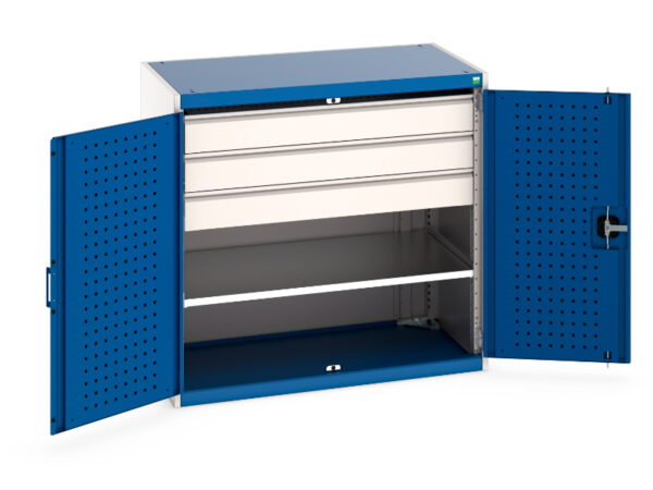 Steel Workshop Cupboards - Cubio Cupboard with Perfo Doors, 1 Shelf, 3 Drawers. WxDxH: 1050X650X1000mm Ral 7035/5010 _SKU-40021203.11V