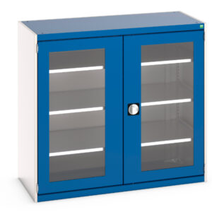 Industrial Drawer Cabinet Storage with Windows - Cubio Cupboard with Window Doors And 3 Shelves. WxDxH: 1300X650X1200mm Ral 7035/5010 _SKU-40022058.11V