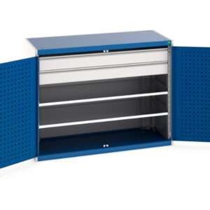 Workshop Steel Cupboards - Cubio Cupboard with Perfo Doors, 2 Shelves, 2 Drawers. WxDxH: 1300X650X1000mm Ral 7035/5010 _SKU-40022084.11V