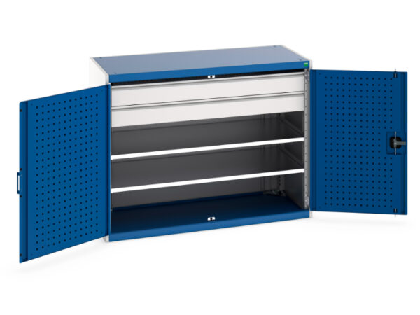 Workshop Steel Cupboards - Cubio Cupboard with Perfo Doors, 2 Shelves, 2 Drawers. WxDxH: 1300X650X1000mm Ral 7035/5010 _SKU-40022084.11V