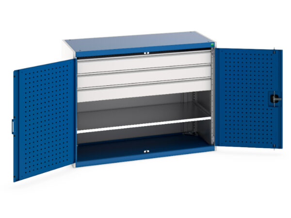 Workshop Storage Cupboards - Cubio Cupboard with Perfo Doors, 1 Shelf, 3 Drawers. WxDxH: 1300X650X1000mm Ral 7035/5010 _SKU-40022085.11V