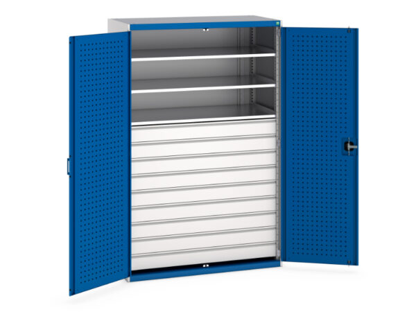 Workshop Drawer Cupboards - Cubio Cupboard with Perfo Doors, 3 Shelves, 9 Drawers. WxDxH: 1300X650X2000mm Ral 7035/5010 _SKU-40022089.11V
