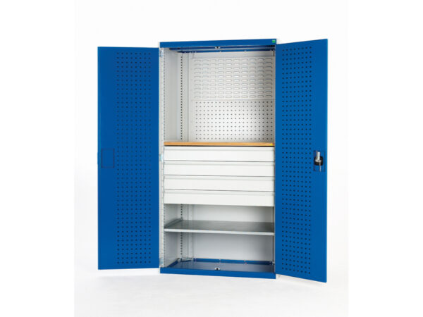 Bott Workshop Cabinets - Cubio Cupboard Perfo Doors Mini Workshop 1 Shelf 4 Drws. WxDxH: 1300X650X2000mm Ral 7035/5010 _SKU-40022092.11V