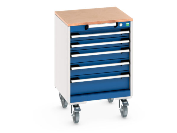 Heavy Duty Mobile Metal Drawer Cabinet - Cubio Mobile Cabinet with 5 Drawers And Multiplex Worktop. WxDxH: 525X525X790mm Ral 7035/5010 _SKU-40402135.11V