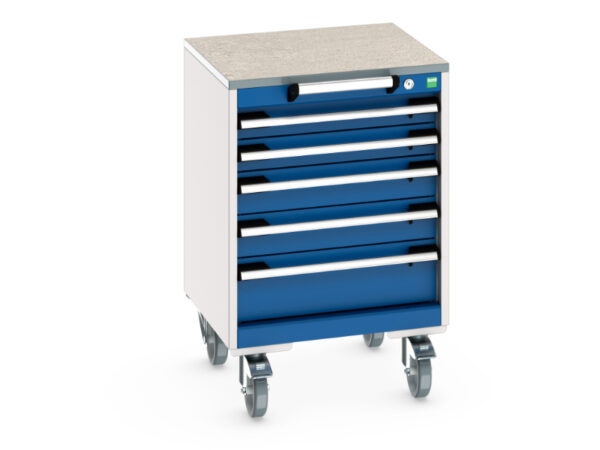 Mobile Drawer Tool Cabinet - Cubio Mobile Cabinet with 5 Drawers And Lino Worktop. WxDxH: 525X525X790mm Ral 7035/5010 _SKU-40402136.11V