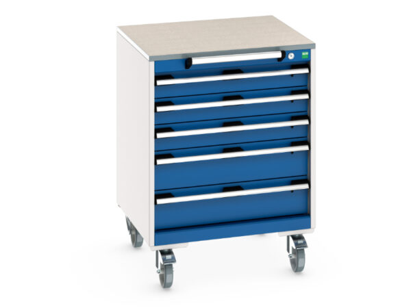 Tool Trolley On Wheels - Cubio Mobile Cabinet with 5 Drawers And Lino Worktop. WxDxH: 650X650X790mm Ral 7035/5010 _SKU-40402148.11V