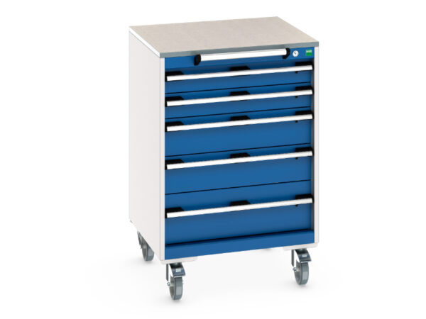 Heavy Duty Toolbox On Wheels - Cubio Mobile Cabinet with 5 Drawers And Lino Worktop. WxDxH: 650X650X990mm Ral 7035/5010 _SKU-40402150.11V