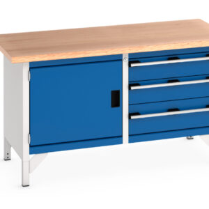 Metal Work Table with Cupboard - Cubio Storage Bench (Mpx) Full Cupboard / 3 Drawer. WxDxH: 1500X750X840mm Ral 7035/5010 _SKU-41002025.11V