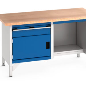 Heavy Duty Work Table with Cupboard - Cubio Storage Bench (Mpx) 1 Drawer-Door / Open-1/2 Base Shelf. WxDxH: 1500X750X840mm Ral 7035/5010 _SKU-41002037.11V