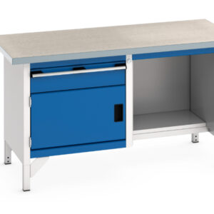 Metal Workshop Work Table - Cubio Storage Bench (Lino) 1 Drawer-Door / Open-1/2 Base Shelf. WxDxH: 1500X750X840mm Ral 7035/5010 _SKU-41002039.11V