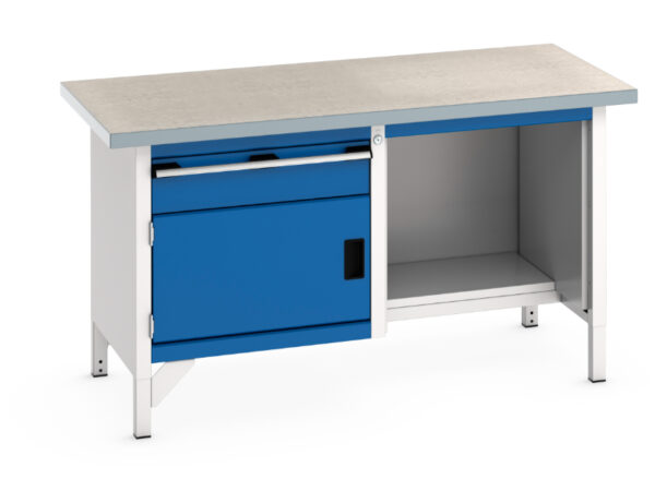 Metal Workshop Work Table - Cubio Storage Bench (Lino) 1 Drawer-Door / Open-1/2 Base Shelf. WxDxH: 1500X750X840mm Ral 7035/5010 _SKU-41002039.11V
