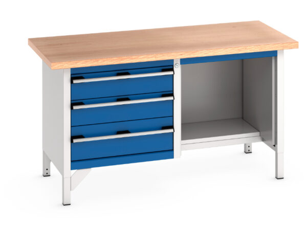 Work Bench with Storage - Cubio Storage Bench (Mpx) 3 Drawers / Open-Half Depth Shelf. WxDxH: 1500X750X840mm Ral 7035/5010 _SKU-41002040.11V