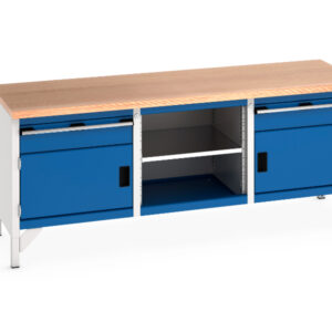 2000mm Metal Work Table - Cubio Storage Bench (Mpx) 1 Drwr-Door / Mid Shelf / 1 Drwr-Door. WxDxH: 2000X750X840mm Ral 7035/5010 _SKU-41002052.11V